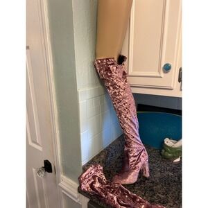 Over the Knee Boots Pink Velvet Crushed Stiletto Heel Size 6.5